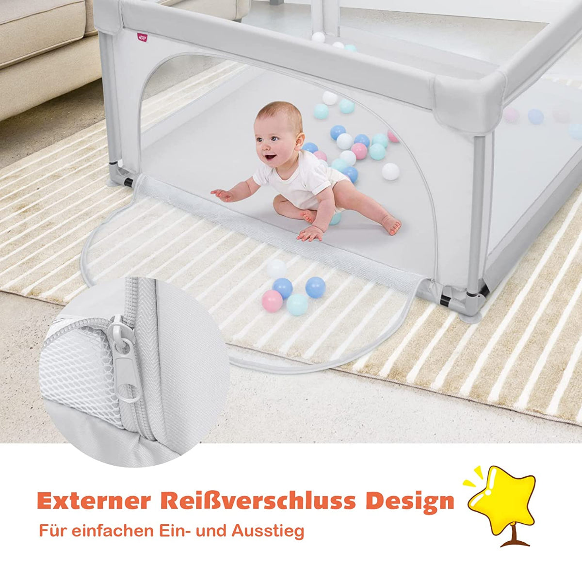 Baby-Laufstall Tragbarer Laufstall Mit Sicherheitstoren 120 X 120 X 68 Cm Grau