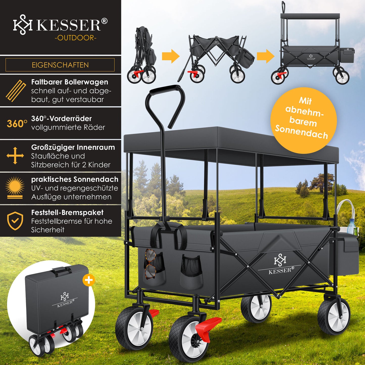KESSER® Bollerwagen Faltbar Dach Handwagen Klappbar Transportkarre Gerätewagen