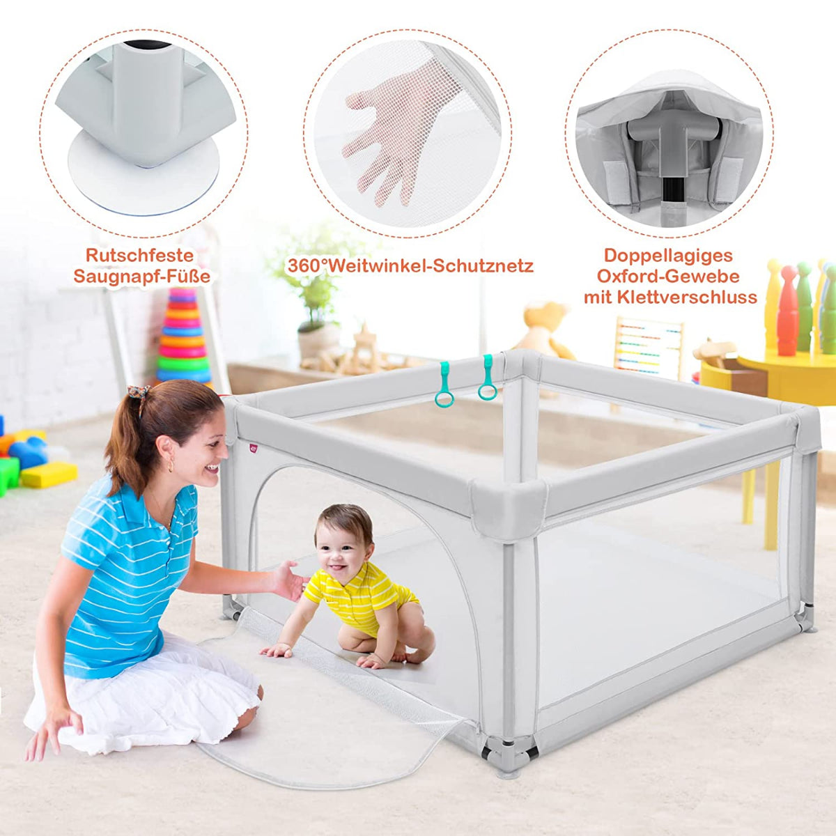 Baby-Laufstall Tragbarer Laufstall Mit Sicherheitstoren 120 X 120 X 68 Cm Grau
