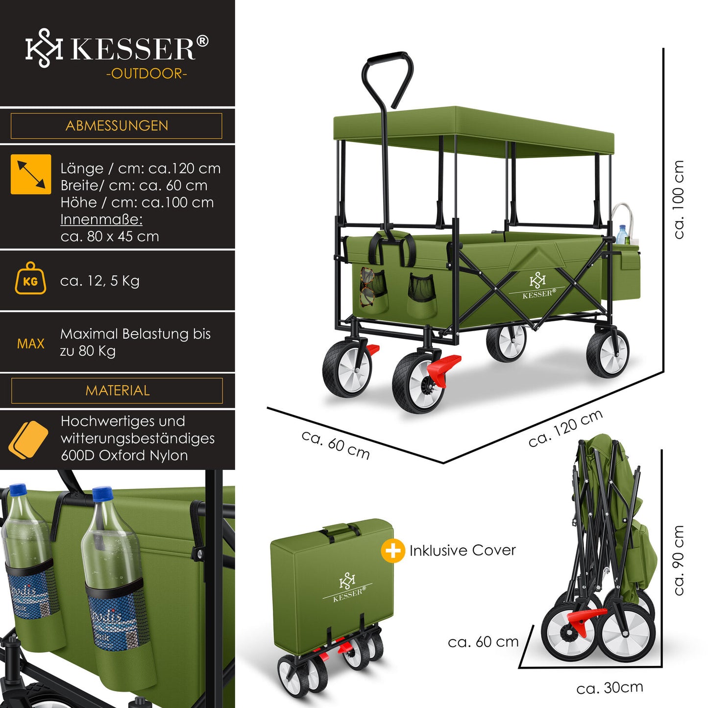 KESSER® Bollerwagen Faltbar Dach Handwagen Klappbar Transportkarre Gerätewagen