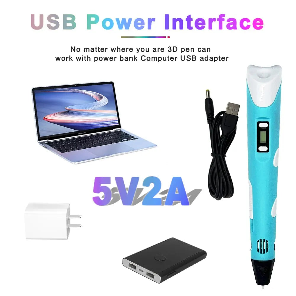 USB 3D Printing Pen DIY Drawing 9M PLA Filament Three-Dimensional Graffiti Toys Art Tools for Kids Birthday Christmas Day Gift