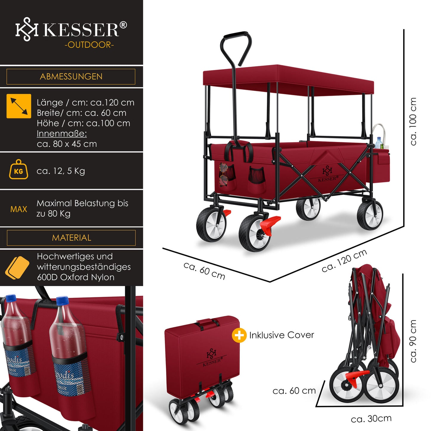 KESSER® Bollerwagen Faltbar Dach Handwagen Klappbar Transportkarre Gerätewagen