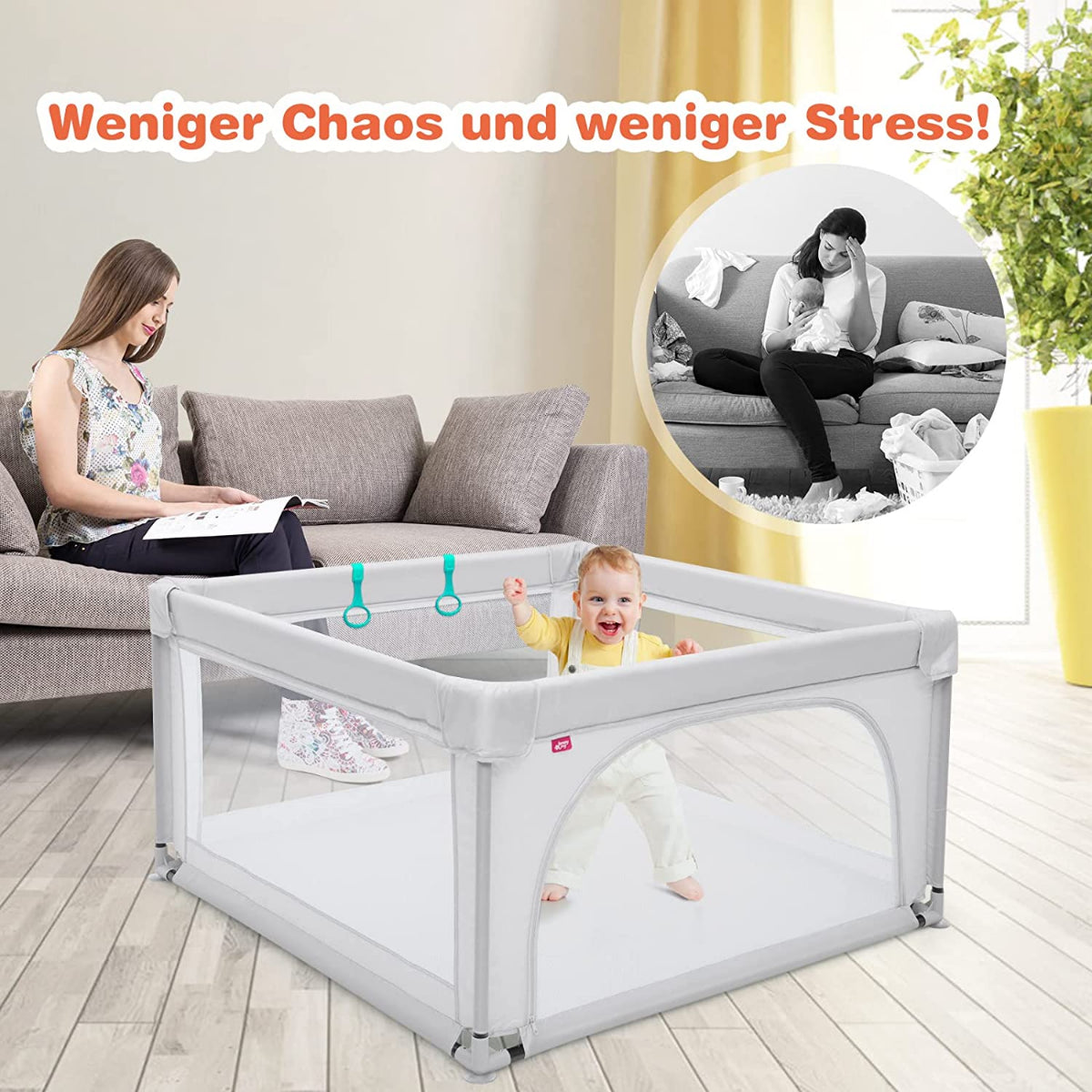 Baby-Laufstall Tragbarer Laufstall Mit Sicherheitstoren 120 X 120 X 68 Cm Grau