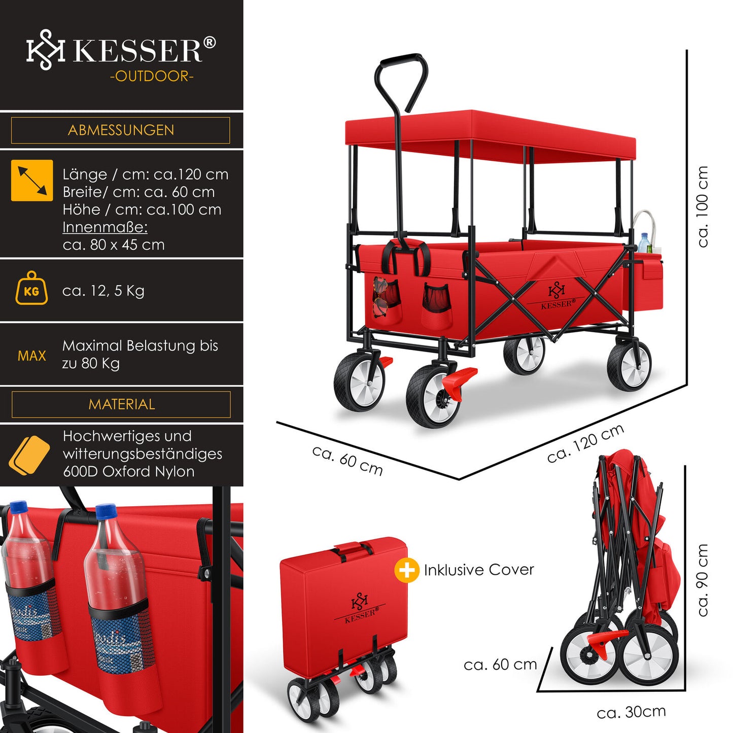 KESSER® Bollerwagen Faltbar Dach Handwagen Klappbar Transportkarre Gerätewagen
