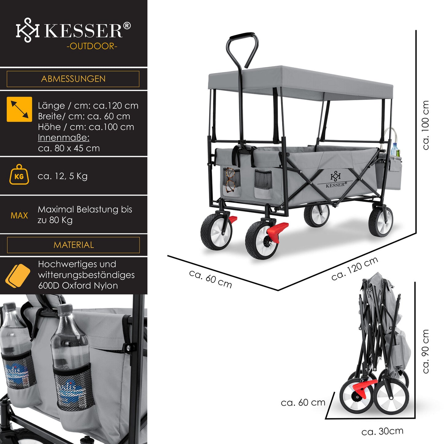 KESSER® Bollerwagen Faltbar Dach Handwagen Klappbar Transportkarre Gerätewagen