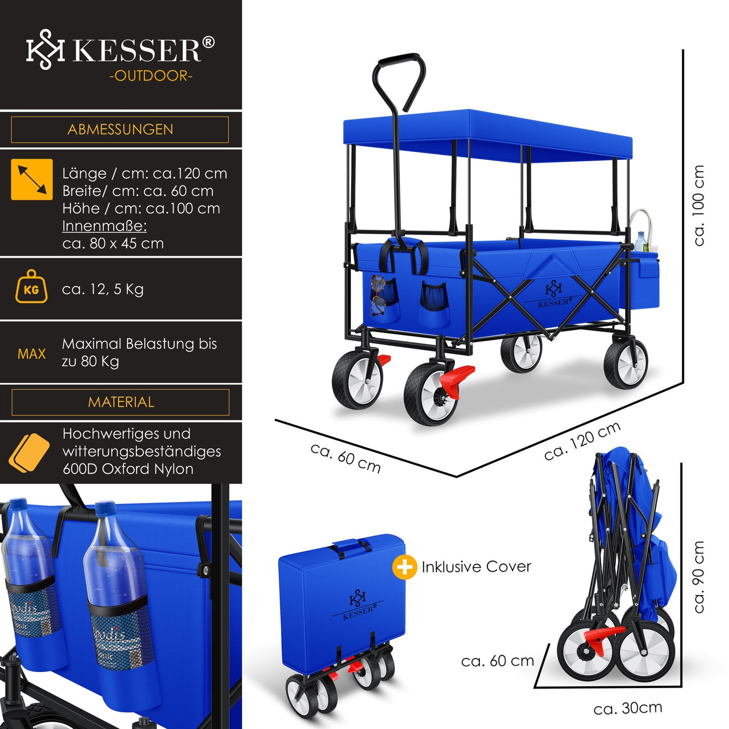 KESSER® Bollerwagen Faltbar Dach Handwagen Klappbar Transportkarre Gerätewagen