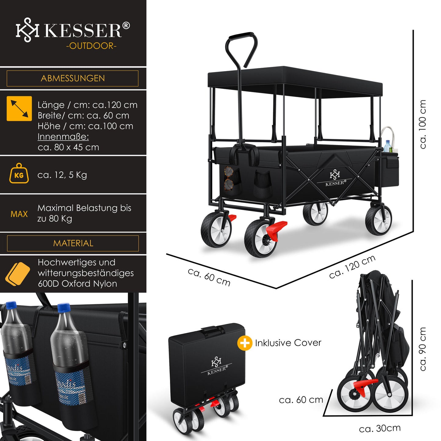 KESSER® Bollerwagen Faltbar Dach Handwagen Klappbar Transportkarre Gerätewagen