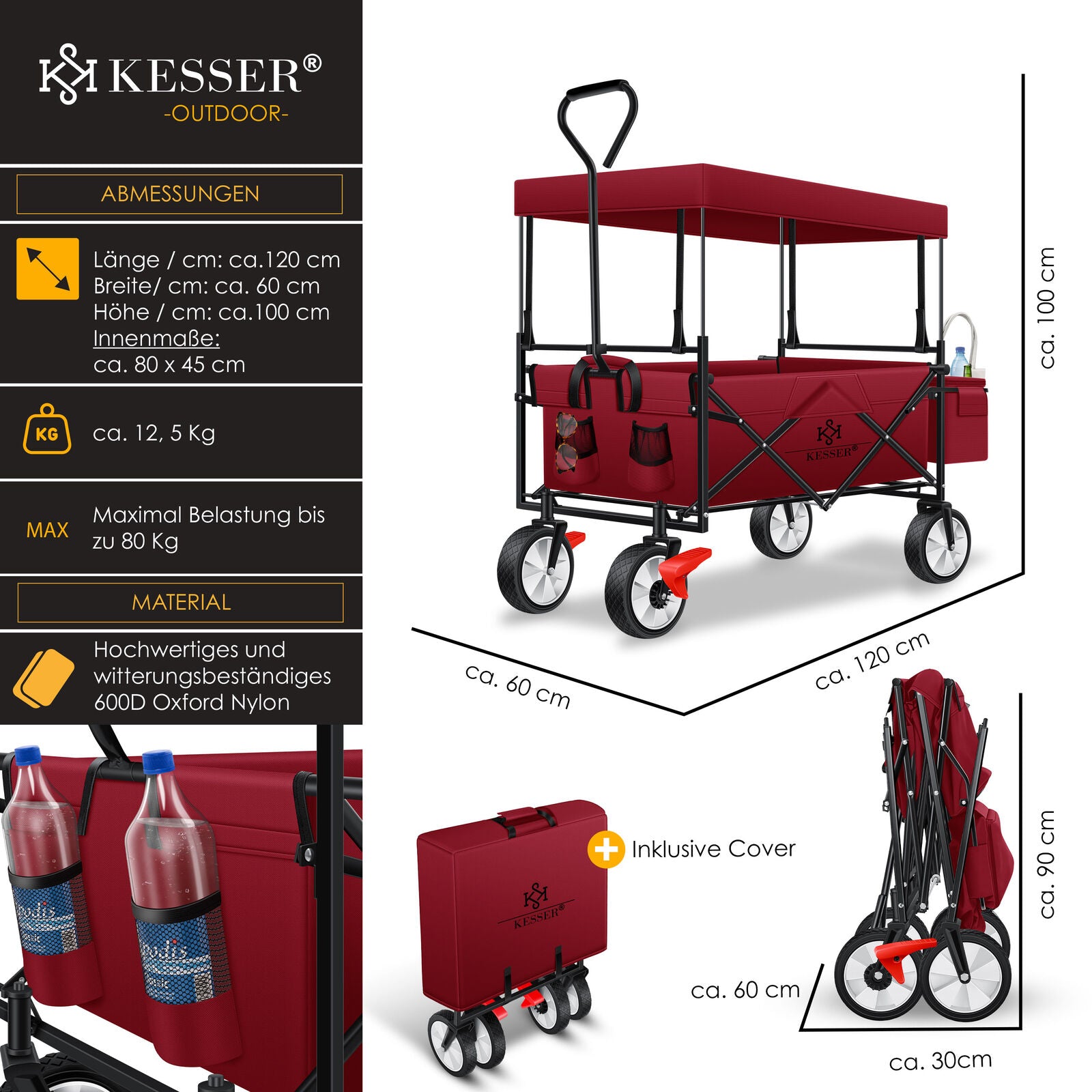 KESSER® Bollerwagen Faltbar Dach Handwagen Klappbar Transportkarre Gerätewagen