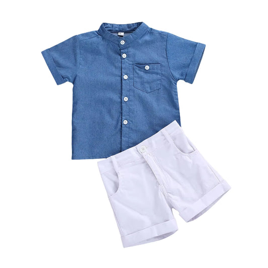 1–6 Jahre 2-Teiliges Kinderanzug-Set, Einfarbiges Stehkragen-Kurzarmhemd Und Shorts Für Jungen, Blau Weiß