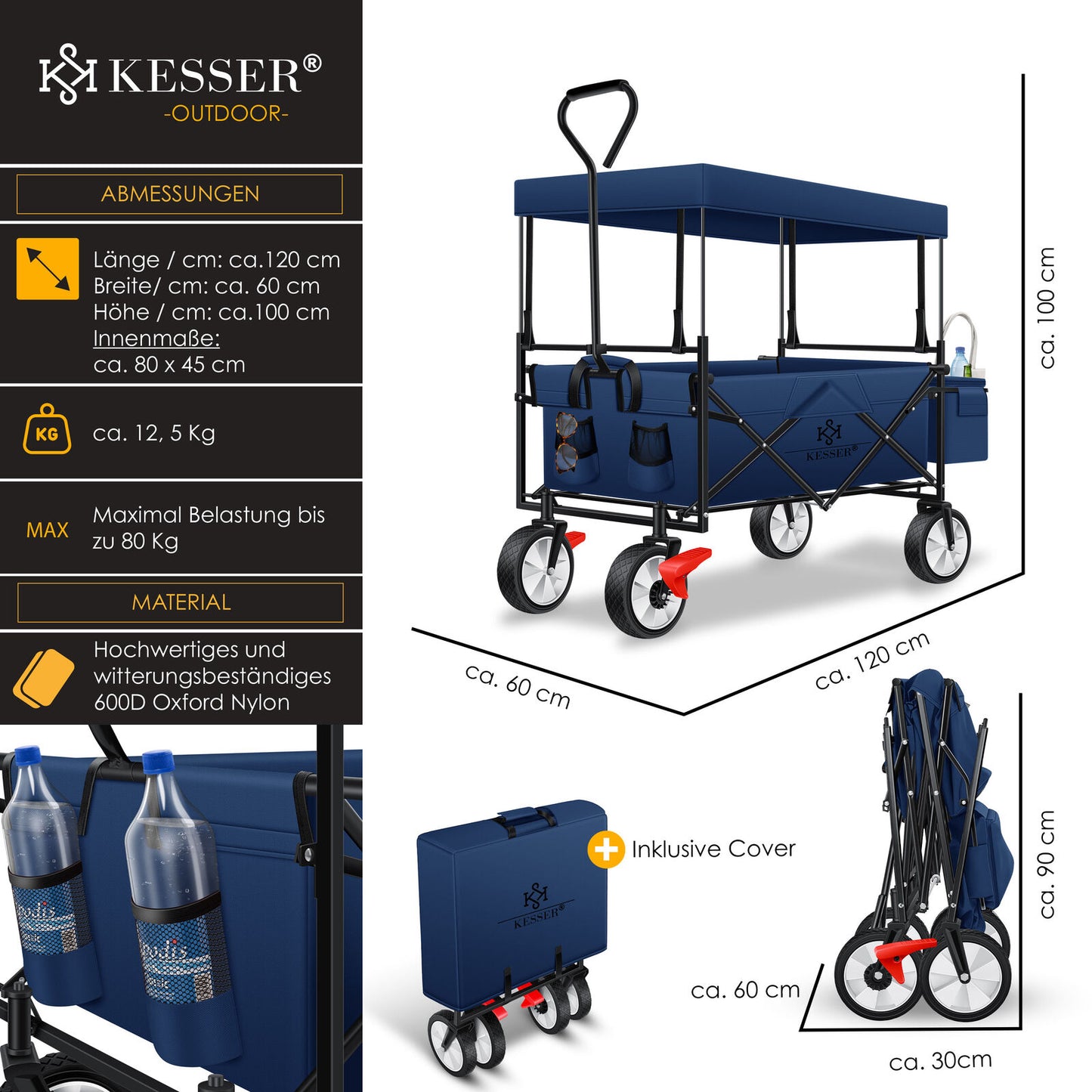 KESSER® Bollerwagen Faltbar Dach Handwagen Klappbar Transportkarre Gerätewagen